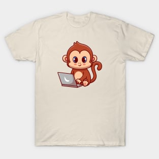 Cute Monkey Working On Laptop Cartoon T-Shirt